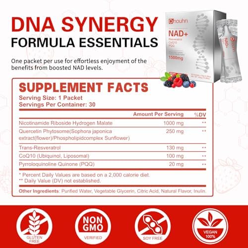 Suplemento Líquido DNOUHN NAD 1500mg, Nicotinamida Ribósido y Resveratrol con PQQ, Suplemento para Energía Celular y Antienvejecimiento, 30 Paquetes - imagen 2