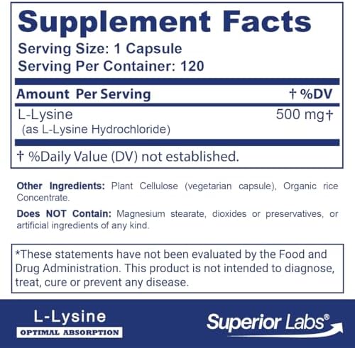 Cápsulas de L-Lisina 500 mg de Superior Labs, 100% Puras y No Transgénicas, Sin Rellenos, Sin Gluten, Apoya el Sistema Inmunológico, 120 Cápsulas - imagen 2