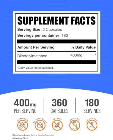 Cápsulas de DIM de BulkSupplements.com - Suplemento de Diindolilmetano para Hombres y Mujeres - Libre de Gluten, 2 Cápsulas por Porción, 360 - imagen 2