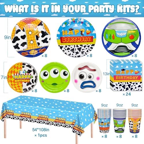 Decoraciones de Cumpleaños, Suministros para Fiesta de Juguetes, 97 Pzs, Incluye Vajilla Desechable, Mantel, Platos de Papel, Vasos y Servilletas, - imagen 2