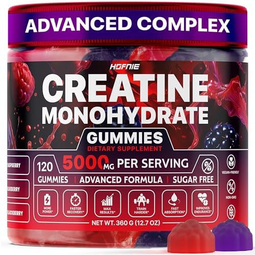 Gomitas de Creatina Monohidratada Hofnie 5000 mg – Veganas, Sin Azúcar, Pre Entrenamiento para Hombres y Mujeres – Sabor a Frambuesa y Mora, 120 - imagen 1