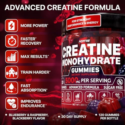 Gomitas de Creatina Monohidratada Hofnie 5000 mg – Veganas, Sin Azúcar, Pre Entrenamiento para Hombres y Mujeres – Sabor a Frambuesa y Mora, 120 - imagen 3