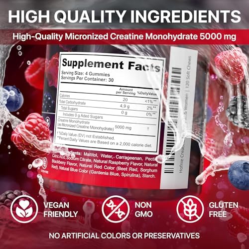 Gomitas de Creatina Monohidratada Hofnie 5000 mg – Veganas, Sin Azúcar, Pre Entrenamiento para Hombres y Mujeres – Sabor a Frambuesa y Mora, 120 - imagen 7