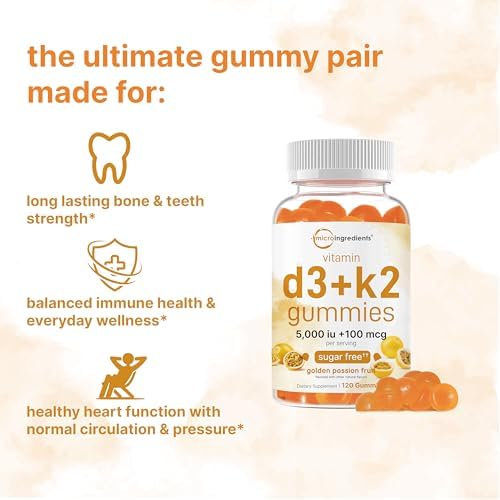 Gomitas de Vitamina D3 K2 Micro Ingredients, 120 piezas | 5,000 UI de Vitamina D + 100 mcg K2 MK-7 | Suplementos para Huesos, Inmunidad y Corazón | - imagen 3