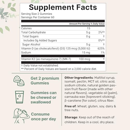 Gomitas de Vitamina D3 K2 Micro Ingredients, 120 piezas | 5,000 UI de Vitamina D + 100 mcg K2 MK-7 | Suplementos para Huesos, Inmunidad y Corazón | - imagen 4
