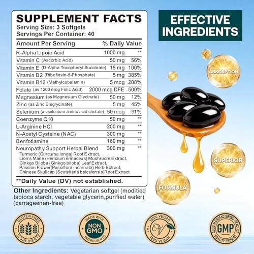 Suplemento para el Soporte de Neuropatía – Suplemento Avanzado de R-Ácido Lipoico con Benfotiamina, NAC y Complejo B para la Salud Nerviosa, - imagen 2