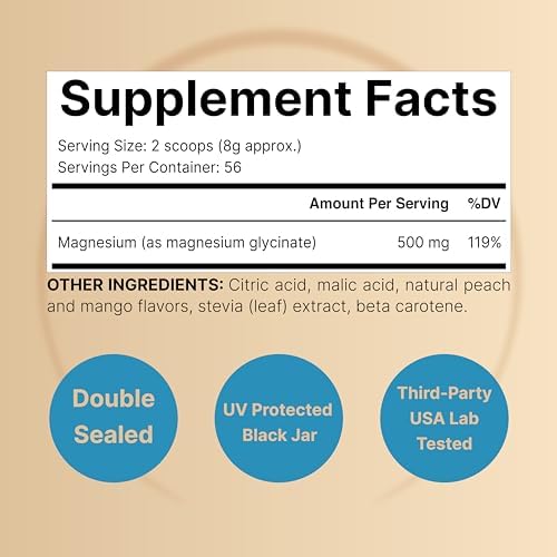 NatureBell Polvo de Magnesio Glicinato 500mg, 1lb (16oz) | 100% Quelado para Alta Absorción | Sabor Durazno Mango | Apoya la Salud Muscular, Ósea y - imagen 2