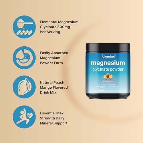 NatureBell Polvo de Magnesio Glicinato 500mg, 1lb (16oz) | 100% Quelado para Alta Absorción | Sabor Durazno Mango | Apoya la Salud Muscular, Ósea y - imagen 3