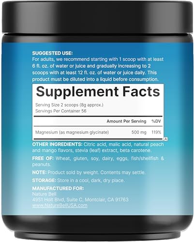 NatureBell Polvo de Magnesio Glicinato 500mg, 1lb (16oz) | 100% Quelado para Alta Absorción | Sabor Durazno Mango | Apoya la Salud Muscular, Ósea y - imagen 8