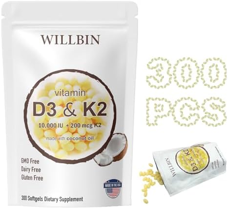 Willbin 300 Pzs 2 en 1 Vitamina D3 10000 IU + K2 (MK-7) 200 mcg, Softgels de Aceite de Coco, Apoya Huesos, Corazón e Inmunidad - Fáciles de Tragar y - imagen 1