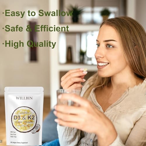 Willbin 300 Pzs 2 en 1 Vitamina D3 10000 IU + K2 (MK-7) 200 mcg, Softgels de Aceite de Coco, Apoya Huesos, Corazón e Inmunidad - Fáciles de Tragar y - imagen 2