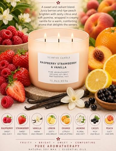 Vela Aromática de Soja de 3 Mechas con Fragancia de Frambuesa, Fresa y Vainilla 15.8 oz | Vela Grande para el Hogar | Relajante y Duradera - imagen 2