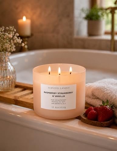 Vela Aromática de Soja de 3 Mechas con Fragancia de Frambuesa, Fresa y Vainilla 15.8 oz | Vela Grande para el Hogar | Relajante y Duradera - imagen 4