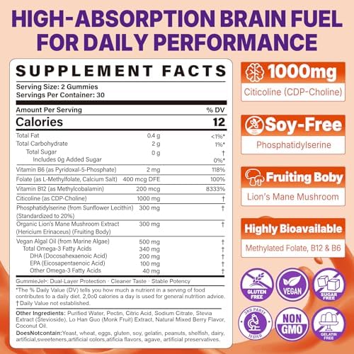 Gomitas de Citicolina 1000mg y Fosfatidilserina 300mg, Suplemento Cerebral para Memoria y Concentración con Hongo Melena de León, Omega-3, - imagen 2
