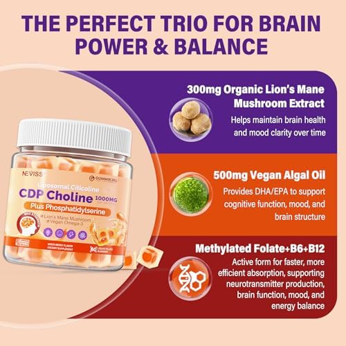 Gomitas de Citicolina 1000mg y Fosfatidilserina 300mg, Suplemento Cerebral para Memoria y Concentración con Hongo Melena de León, Omega-3, - imagen 5