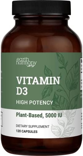 Suplemento Vegano de Vitamina D3 5000 iu Earth Harmony Naturals - Alta Potencia para Salud Inmunológica y Huesos Fuertes - 120 Cápsulas, Suministro - imagen 1
