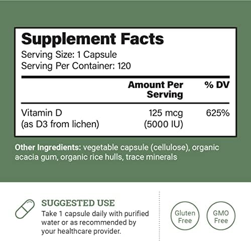 Suplemento Vegano de Vitamina D3 5000 iu Earth Harmony Naturals - Alta Potencia para Salud Inmunológica y Huesos Fuertes - 120 Cápsulas, Suministro - imagen 2