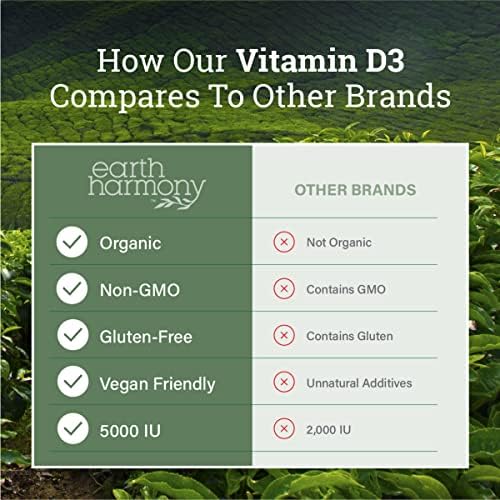 Suplemento Vegano de Vitamina D3 5000 iu Earth Harmony Naturals - Alta Potencia para Salud Inmunológica y Huesos Fuertes - 120 Cápsulas, Suministro - imagen 4