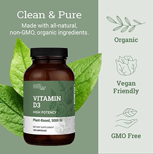 Suplemento Vegano de Vitamina D3 5000 iu Earth Harmony Naturals - Alta Potencia para Salud Inmunológica y Huesos Fuertes - 120 Cápsulas, Suministro - imagen 5