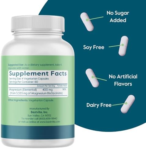 BESTVITE Magnesio Glicinato Sin Relleno - 400mg por Porción (240 Cápsulas Veganas) - Apoyo para Músculos, Relajación, Estrés y Sueño - Sin Estearatos - imagen 3