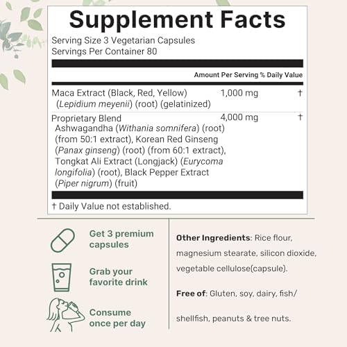 Cápsulas de Raíz de Maca para Hombres y Mujeres 5,000mg | 240 Cápsulas Veganas con Ashwagandha, Maca Roja, Negra y Amarilla, Ginseng Panax, Tongkat - imagen 2