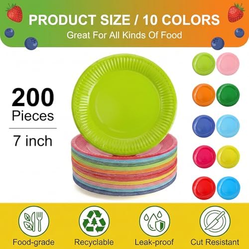 Platos de Papel Desechables Nicunom de 7, 200 Pcs, Redondos en Colores Variados para Fiestas, Bodas y Cumpleaños - imagen 2