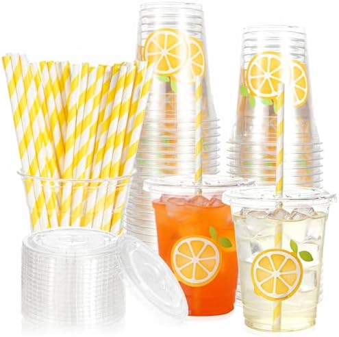 Sofzy 50 Piezas de Vasos de Plástico para Puesto de Limonada con Tapas y Popotes 12oz, Vasos Desechables Amarillos para Bebidas Frías en Verano - imagen 1