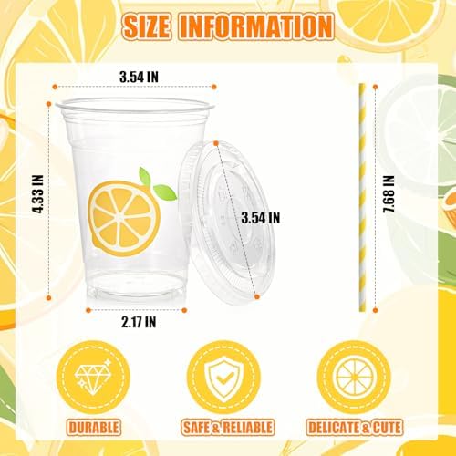 Sofzy 50 Piezas de Vasos de Plástico para Puesto de Limonada con Tapas y Popotes 12oz, Vasos Desechables Amarillos para Bebidas Frías en Verano - imagen 2