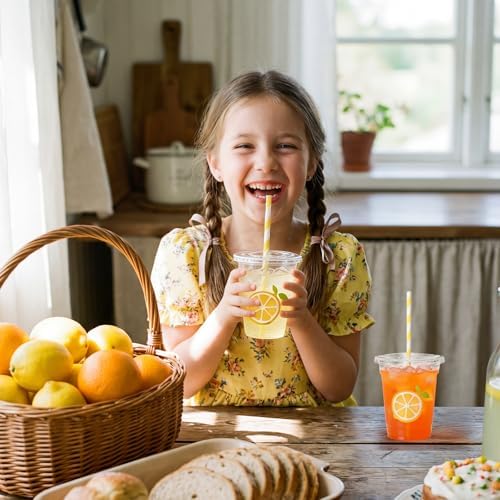 Sofzy 50 Piezas de Vasos de Plástico para Puesto de Limonada con Tapas y Popotes 12oz, Vasos Desechables Amarillos para Bebidas Frías en Verano - imagen 3