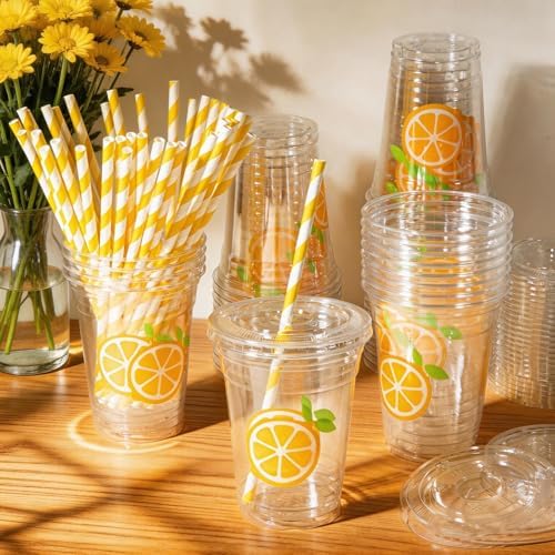 Sofzy 50 Piezas de Vasos de Plástico para Puesto de Limonada con Tapas y Popotes 12oz, Vasos Desechables Amarillos para Bebidas Frías en Verano - imagen 4