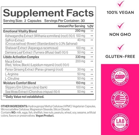 HerAuré Aumento de Humedad Vaginal y Libido para Mujeres - Alivio del Estrés, Equilibrio Hormonal, Deseo y Ánimo - 60 Cápsulas con Ashwagandha, Musgo - imagen 6