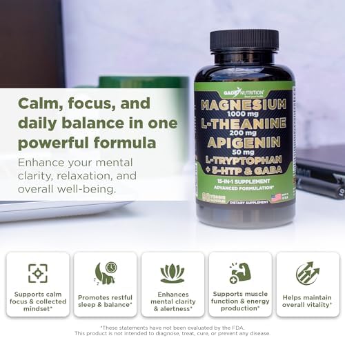 Gade Nutrition Complejo de Magnesio Glicinato con L Teanina 200 mg | Suplemento para Dormir con Apigenina, GABA, 5 HTP | 90 Cápsulas Hechas en EE. UU. - imagen 2