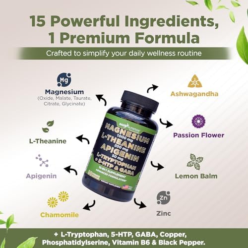 Gade Nutrition Complejo de Magnesio Glicinato con L Teanina 200 mg | Suplemento para Dormir con Apigenina, GABA, 5 HTP | 90 Cápsulas Hechas en EE. UU. - imagen 3