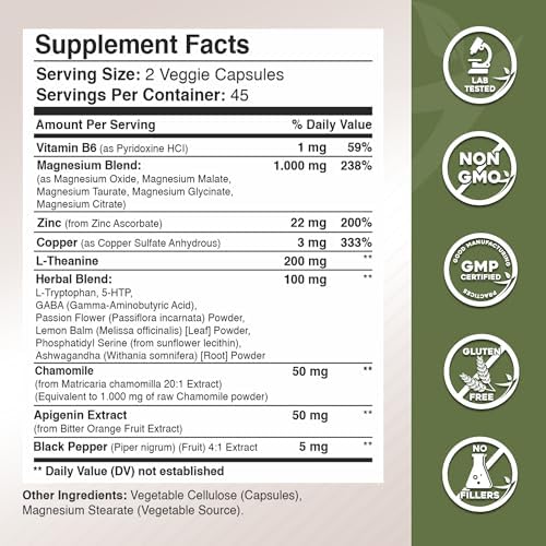 Gade Nutrition Complejo de Magnesio Glicinato con L Teanina 200 mg | Suplemento para Dormir con Apigenina, GABA, 5 HTP | 90 Cápsulas Hechas en EE. UU. - imagen 4