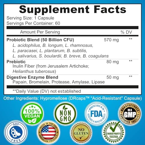 Probióticos con Enzimas Digestivas y Prebiótico para Hombres y Mujeres - Complejo Vegano 3 en 1 para la Salud Digestiva - Cápsulas de Liberación - imagen 6