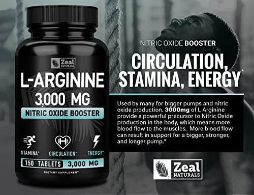 Suplemento de L-Arginina Zeal Naturals - 3000mg, 150 Tabletas | Aumentador de Óxido Nítrico | Suplemento de L Arginina para Hombres y Mujeres | Apoya - imagen 7