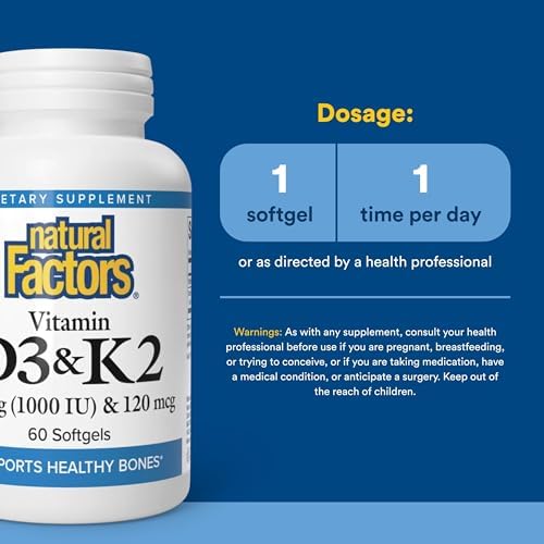 Natural Factors, Vitamina D3 y K2 1000 UI y 120 mcg, Apoya la Salud Ósea y Vascular, 60 Softgels - imagen 3