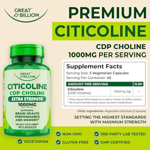 Great Billiom Citicolina CDP Colina 1000mg - Suplemento Extra Fuerte para la Memoria y Concentración, 90 Cápsulas Vegetarianas Sin OGM - imagen 3