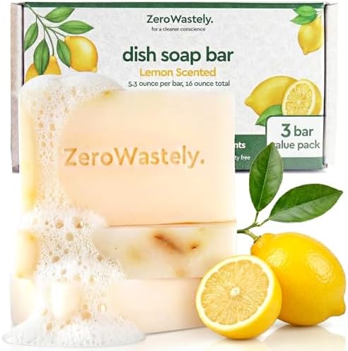 Jabón para Platos Natural ZeroWastely - Paquete de 3 Bloques Sólidos de 16oz - Aroma a Limón, Duradero y Amigable con la Piel - Hecho Sosteniblemente - imagen 1