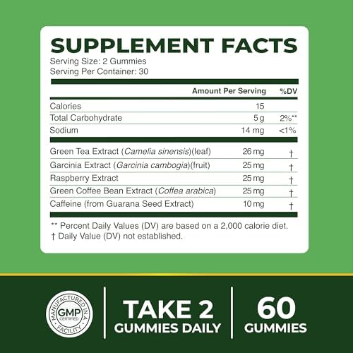 Gomitas de Té Verde para Quemar Grasa | Aumento del Metabolismo y Supresor del Apetito con Granos de Café Verde y Garcinia Cambogia | Píldoras para - imagen 7