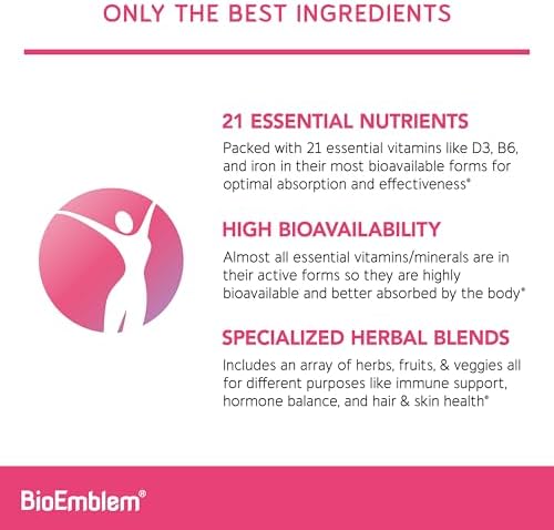 Multivitamínico BioEmblem para Mujeres - Completo para Inmunidad, Energía, Cabello y Piel con Vitaminas A, B12, B6, D3, Biotina, Hierro, Magnesio, - imagen 2