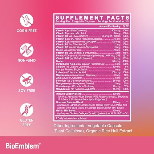 Multivitamínico BioEmblem para Mujeres - Completo para Inmunidad, Energía, Cabello y Piel con Vitaminas A, B12, B6, D3, Biotina, Hierro, Magnesio, - imagen 5