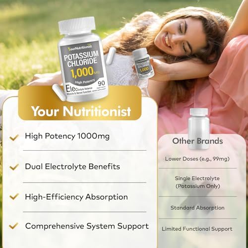 Su Nutricionista Suplemento de Cloruro de Potasio de Alta Potencia 1000mg – Apoya el Equilibrio de Electrolitos, Corazón, Músculos y Nervios | - imagen 6