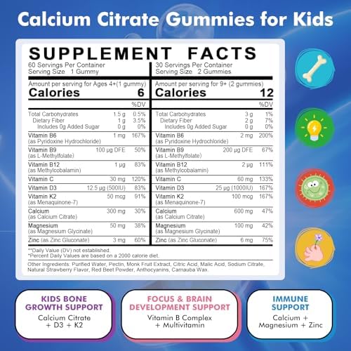 Gomitas de Calcio Citrato para Niños con Vitamina D3, 300/600 mg, Magnesio, Zinc y Multivitamínico, Sin Azúcar, 60 piezas, Salud Ósea y Digestiva - imagen 2