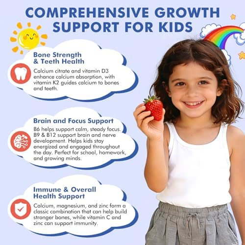 Gomitas de Calcio Citrato para Niños con Vitamina D3, 300/600 mg, Magnesio, Zinc y Multivitamínico, Sin Azúcar, 60 piezas, Salud Ósea y Digestiva - imagen 3