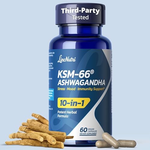 Suplementos de Ashwagandha LincNutri KSM-66, Extracto de Raíz de Ashwagandha de Fuerza Extra, Complejo Adaptógeno 10 en 1 para Cortisol, Alivio del - imagen 1