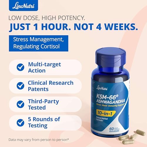 Suplementos de Ashwagandha LincNutri KSM-66, Extracto de Raíz de Ashwagandha de Fuerza Extra, Complejo Adaptógeno 10 en 1 para Cortisol, Alivio del - imagen 2