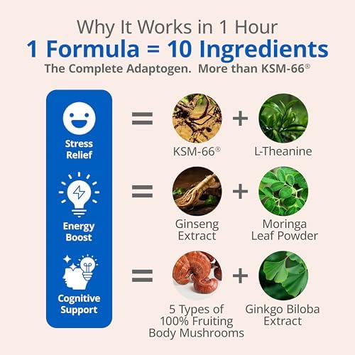 Suplementos de Ashwagandha LincNutri KSM-66, Extracto de Raíz de Ashwagandha de Fuerza Extra, Complejo Adaptógeno 10 en 1 para Cortisol, Alivio del - imagen 5