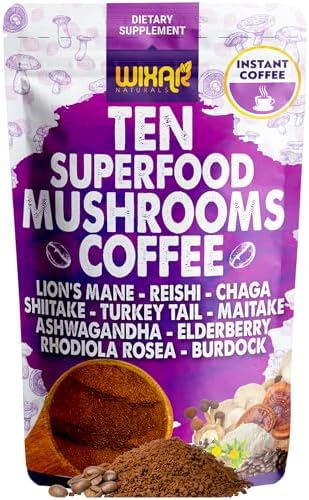 Café de Hongo Superfood WIXAR - Café Instantáneo en Polvo, 10 Extractos de Superalimentos con Melena de León, Cola de Pavo, Reishi, Chaga, Shiitake, - imagen 1