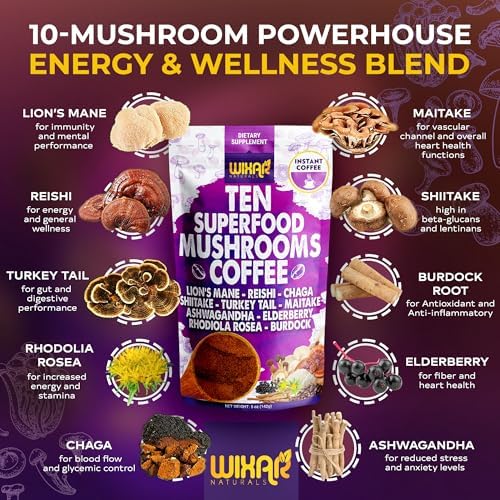 Café de Hongo Superfood WIXAR - Café Instantáneo en Polvo, 10 Extractos de Superalimentos con Melena de León, Cola de Pavo, Reishi, Chaga, Shiitake, - imagen 2